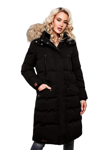 MARIKOO lange Damen Winterjacke warmer Parka gesteppt mit Kapuze B890 [B890-Schneestern-Schwarz-Gr.L] von MARIKOO
