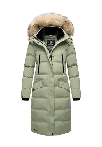 MARIKOO lange Damen Winterjacke warmer Parka gesteppt mit Kapuze B890 [B890-Schneestern-Smokey-Mint-Gr.L] von MARIKOO