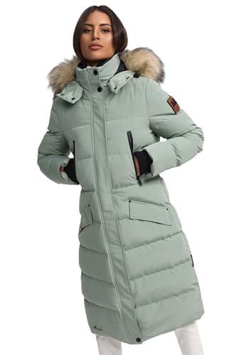 MARIKOO lange Damen Winterjacke warmer Parka gesteppt mit Kapuze B890 [B890-Schneestern-Smokey-Mint-Gr.M] von MARIKOO
