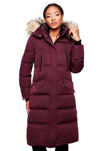 MARIKOO lange Damen Winterjacke warmer Parka gesteppt mit Kapuze B890 [B890-Schneestern-Weinrot-Gr.M] von MARIKOO