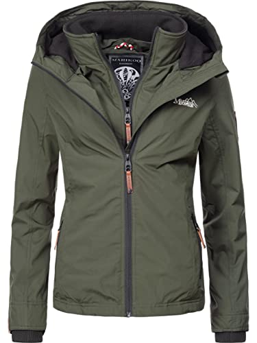 MARIKOO leicht gefütterte Damen Übergangsjacke Kurze Sommerjacke mit kuscheligem Fleece-Innenfutter und großer Kapuze Erdbeere Olive Gr. XS von MARIKOO