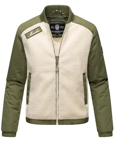 MARIKOO mitteldick gefütterte Damen Übergangsjacke College-Jacke kurz Hybrid-Jacke mit Teddy-Fleece Sayoo Offwhite - Dusty Olive Gr. L von MARIKOO