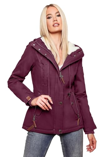 MARIKOO warme Damen Winter Jacke Teddyfell gefütterte Winterjacke B802 [B802-Bik-Weinrot-Gr.M] von MARIKOO