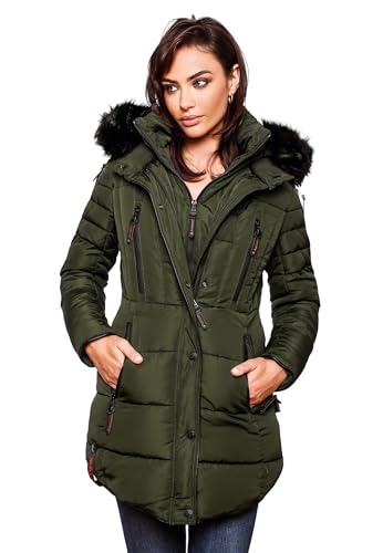 MARIKOO warme Damen Winter Jacke Winterjacke Parka Stepp Mantel lang B401 [B401-Moonshine-Olive-Gr.L] von MARIKOO