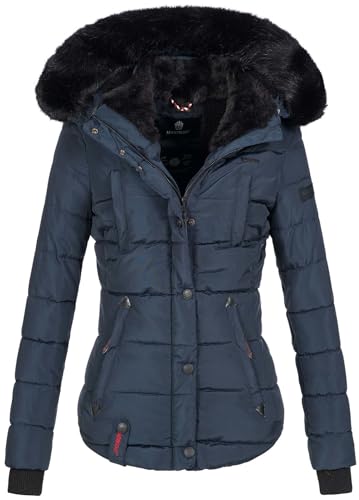 MARIKOO warme Damen Winter Jacke Winterjacke Steppjacke gefüttert Kunstfell B618 [B618-Lotus-Navy-Gr.XS] von MARIKOO