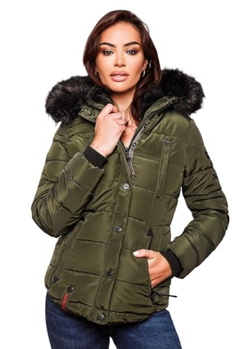 MARIKOO warme Damen Winter Jacke Winterjacke Steppjacke gefüttert Kunstfell B618 [B618-Lotus-Olive-Gr.M] von MARIKOO