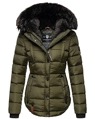 MARIKOO warme Damen Winter Jacke Winterjacke Steppjacke gefüttert Kunstfell B618 [B618-Lotus-Olive-Gr.XS] von MARIKOO