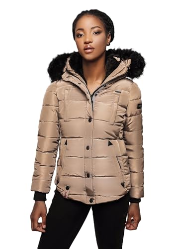 MARIKOO warme Damen Winter Jacke Winterjacke Steppjacke gefüttert Kunstfell B618 [B618-Lotus-Taupe-Gr.M] von MARIKOO