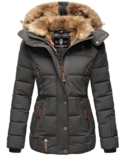 MARIKOO warme Damen Winter Jacke Winterjacke Steppjacke gefüttert Kunstfell B658 [B658-Nek-Anthrazit-Gr.L] von MARIKOO