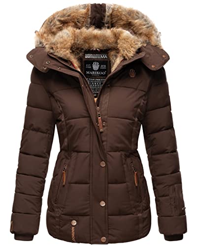 MARIKOO warme Damen Winter Jacke Winterjacke Steppjacke gefüttert Kunstfell B658 [B658-Nek-Dark-Choco-Gr.XS] von MARIKOO