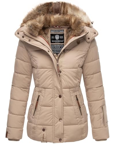 MARIKOO warme Damen Winter Jacke Winterjacke Steppjacke gefüttert Kunstfell B658 [B658-Nek-Light-Taupe-Gr.M] von MARIKOO