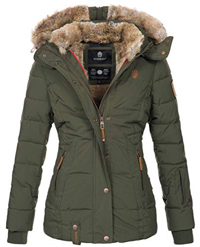 MARIKOO warme Damen Winter Jacke Winterjacke Steppjacke gefüttert Kunstfell B658 [B658-Nek-Olive-Gr.L] von MARIKOO