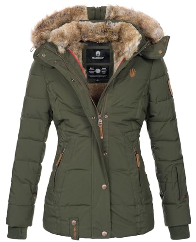 MARIKOO warme Damen Winter Jacke Winterjacke Steppjacke gefüttert Kunstfell B658 [B658-Nek-Olive-Gr.S] von MARIKOO