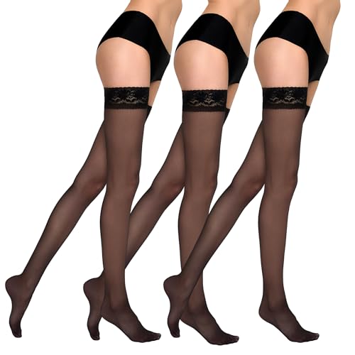 MARILYN Damen klassische halterlose Strümpfe mit Spitze 15 Den Nero 3/4 3 PAAR von MARILYN