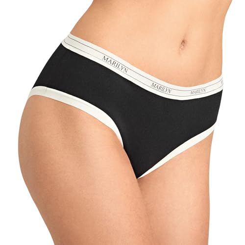 MARILYN Panty Unterhosen Damen aus Baumwolle mit breitem logiertem Bund Sport Design Komfortable Passform Elastisch Atmungsaktiv Soft, Schwarz S/M von MARILYN