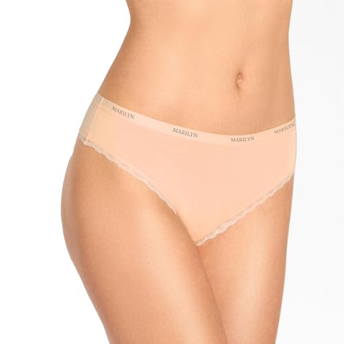 MARILYN String Unterhosen Damen mit Spitze und dekorativem Bund Tangas für Frauen Slip aus Viskose Baumwolle und Elasthan Atmungsaktiv Bequem Soft, Beige M von MARILYN