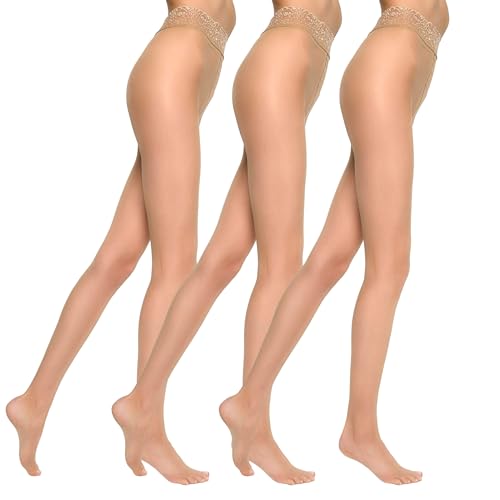 MARILYN Strumpfhose Damen 15 DEN Sexy Hipster-Strumpfhose mit Niedriger Taille und Eleganter Spitze (3 Paar, 40 L, Beige) von MARILYN