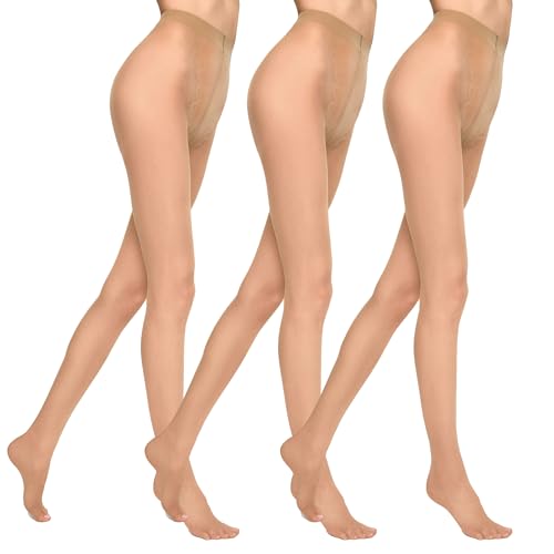 MARILYN Strumpfhose Damen 20 DEN Glänzende Halbmatte Strumpfhosen mit Spitzenhöschen (3 Paar, 38 M, Hautfarben/Visone) von MARILYN