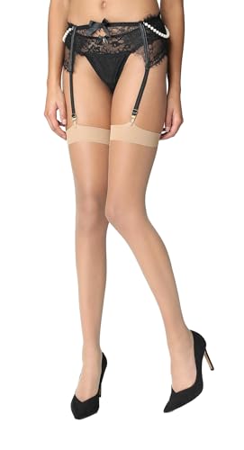 MARILYN erotische Straps-Strümpfe ohne Strapsgürtel, 2er Pack, 15 Denier, Größe 40/42 (M/L), Farbe Beige (je 2x visone) von MARILYN