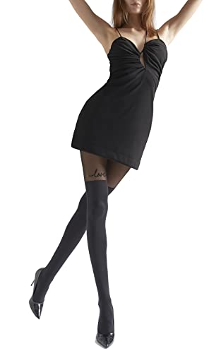 MARILYN modische Strumpfhose im Over Knee Look, mit Text love auf einem Oberschenkel, 60 Denier, Größe 36/38 (S/M), Farbe Schwarz (black) von MARILYN