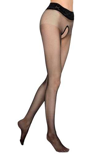 MARILYN Netzstrumpfhose Damen Erotische Strumpfhose mit offenem Schritt (1 Paar, 36/38 S/M, Schwarz/Nero) von MARILYN