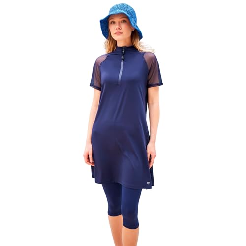 MARINA SWIMWEAR Islamischer halblanger bescheidener Badeanzug für Frauen | 3-teiliges Burkini-Set für muslimische Frauen | Kurzarm-Rashguard mit halber Abdeckung | Bescheidene Hijab-Bademode von MARINA SWIMWEAR