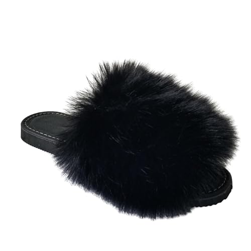 MARKA WYROBY WEŁNIANE - Damen-Hausschuhe - Fell Hausschuhe Damen - Pantoletten mit flauschigem Fell, Einlegesohle aus echtem Leder - Hausschlappen, Latschen, Pantoffeln für Frauen - Schwarz - 38 von MARKA WYROBY WEŁNIANE