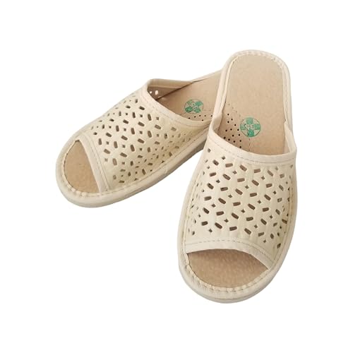 MARKA WYROBY WEŁNIANE Hausschuhe Damen Pantoletten - Hausschlappen Frauen Sommer - mit Lederinnensohlen, Offene Zehen, Perforiert Konfetti Motiv - Latschen, Damenhausschuhe - Creme - 37 von MARKA WYROBY WEŁNIANE