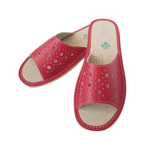 MARKA WYROBY WEŁNIANE Hausschuhe Damen Pantoletten - Hausschlappen Frauen Sommer - mit Lederinnensohlen, Offene Zehen, Perforiert Mohne Motiv - Latschen, Damenhausschuhe, Pantoffeln - Rot - 39 von MARKA WYROBY WEŁNIANE