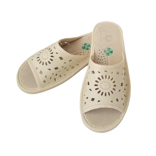 MARKA WYROBY WEŁNIANE Hausschuhe Damen Pantoletten - Hausschlappen Frauen Sommer - mit Lederinnensohlen, Offene Zehen, Perforiert Rosette Motiv - Latschen, Damenhausschuhe, Pantoffeln - Creme - 39 von MARKA WYROBY WEŁNIANE