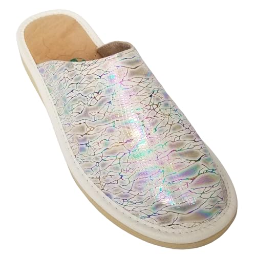 MARKE RINGE - 396.36 Weisse Leder Pantoffeln Damen, Hausschuhe mit Irisation Effekt, Hausschuhe von MARKA WYROBY WEŁNIANE