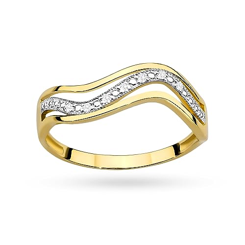 MARKO Damen goldring aus Gelbgold für Damen mit 0,06 Karat gewellter Ring Diamanten Ring 14 Karat Gold (585) Goldring mit Box Goldring für Fraue (Gelbgold, 51 (16.2)) von MARKO