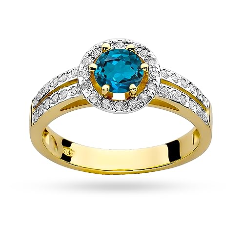 MARKO Damen goldring aus Gelbgold für Damen mit 0,50 Karat Londoner Blauer Topas und 0,20 Karat Diamanten Ring 14 Karat Gold (585) Goldring mit Box | Goldring für Fraue (Gelbgold, 60 (19.2)) von MARKO