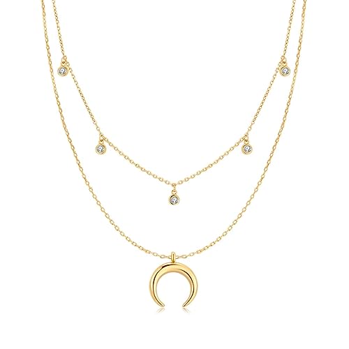 MARLION JEWELS Kette für damen Doppelkette mit Zirkonia und Halbmond. Halskette aus vergoldetem/versilbertem Chirurgenstahl ideal als Geschenk. Schmuck Damen (Vergoldung) von MARLION JEWELS