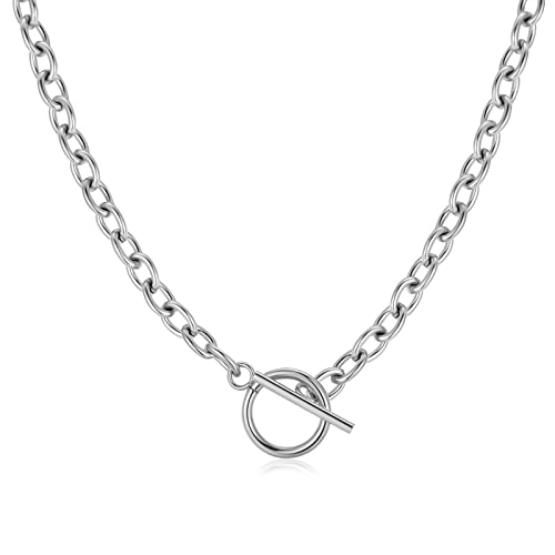 MARLION JEWELS Kette für damen dickes Glied mit Ring und Zierleiste. Halskette aus vergoldetem/versilbertem Chirurgenstahl ideal als Geschenk. Schmuck Damen (Versilberung) von MARLION JEWELS