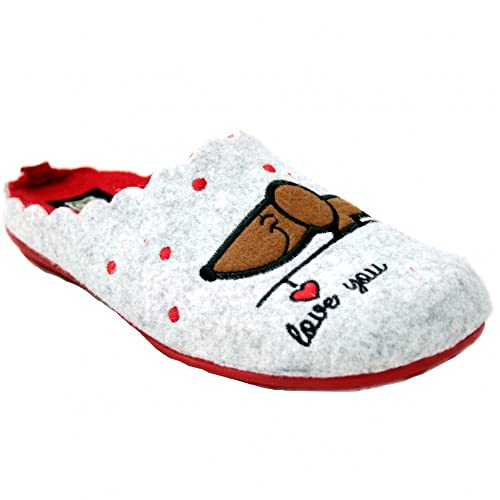 MARPEN SLIPPERS, Offene aus Filz mit Stickerei Winter Hausschuhe für Damen, Sprungfeder Hund Grau und Rot, Größe 40 von MARPEN SLIPPERS