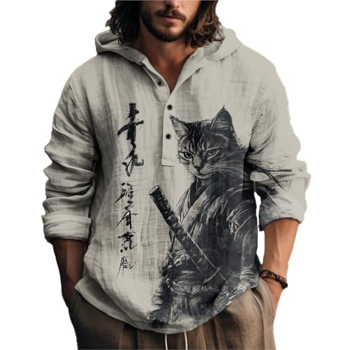 MARSVOVO Herren-Kapuzenhemd, japanische Kunst, langärmelig, leicht, Viertelknopf, lässig, cooles Oberteil für Frühling und Herbst, Samurai-Katze grau, 5X-Groß MARSVOVO Herren-Kapuzenhemd, japanische Kunst, langärmelig, leicht, Viertelknopf, lässig, cooles Oberteil für Frühling und Herbst, Samurai-Katze grau, 5X-Groß von MARSVOVO