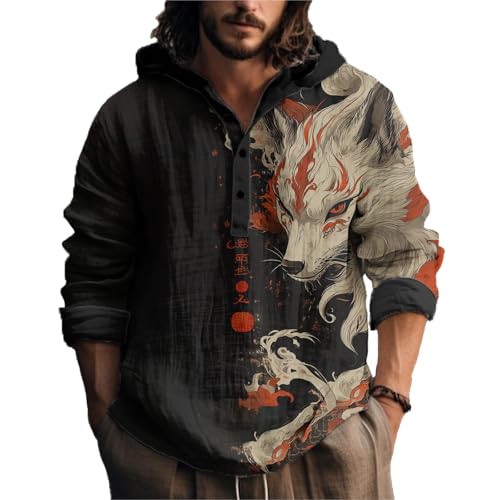 MARSVOVO Japanisches Kunst-Tier-Kapuzenshirt für Herren, langärmelig, Viertelknopf, leicht, Hoodie, coole Streetwear-Tops, Mystical Fox, 4X-Large MARSVOVO Japanisches Kunst-Tier-Kapuzenshirt für Herren, langärmelig, Viertelknopf, leicht, Hoodie, coole Streetwear-Tops, Mystical Fox, 4X-Large von MARSVOVO