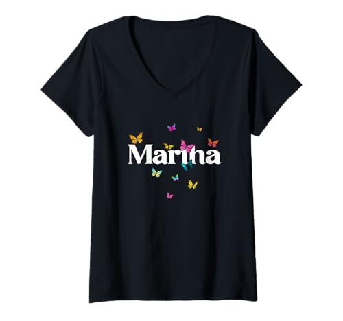Damen Martha - Schöner Mädchen Name mit bunten Schmetterlingen T-Shirt mit V-Ausschnitt von MARTHA Tochter Enkel Geburtstag Geschenkideen