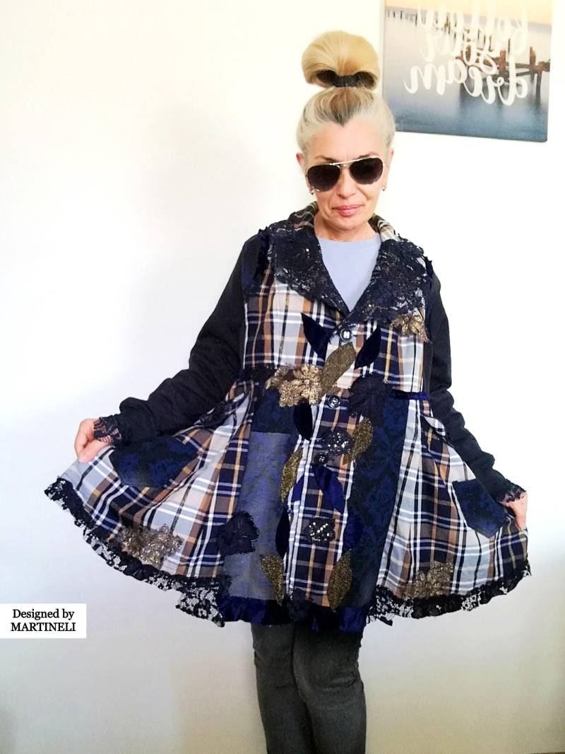 Plus Size Upcycled Jeansjacke 2xl Patchwork Boho Duster Plus Size Upcycled Jeansjacke 2xl Patchwork Boho Duster von MARTINELI