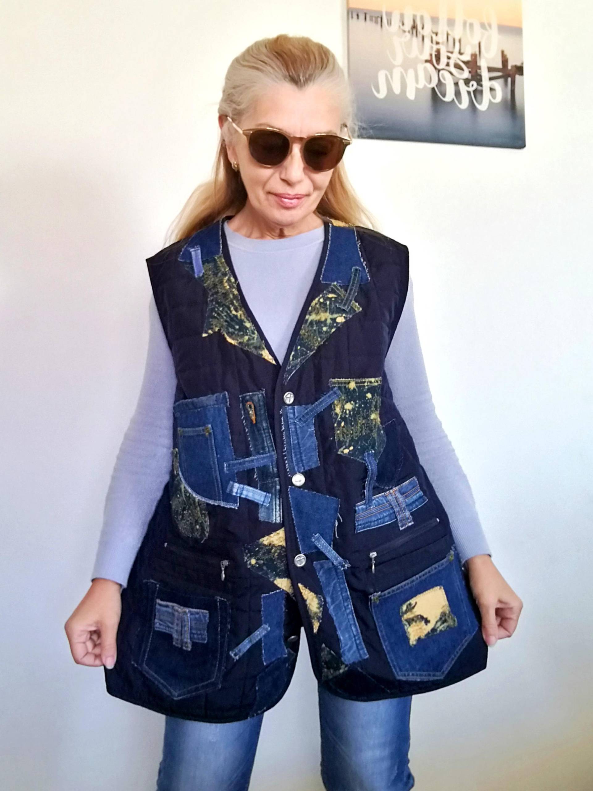 Plus Size Gesteppte Patchwork Jeansweste Boho Hippie Ärmellose Jacke von MARTINELICRYSTALS