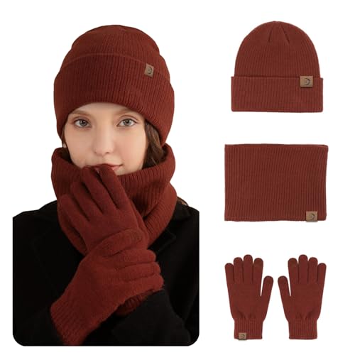 MARUKO Mütze Schal Handschuhe Damen Set Winter Warm Beanie Mütze Touchscreen Handschuhe und Schal Set mit Fleecefutter Wintermütze Winterschal Winterhandschuhe (Karamell) von MARUKO