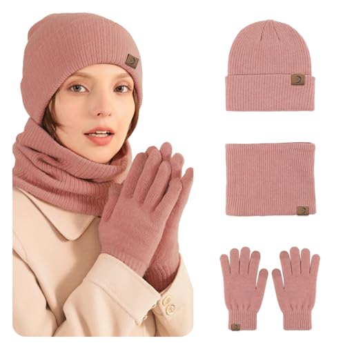 MARUKO Mütze Schal Handschuhe Damen Set Winter Warm Beanie Mütze Touchscreen Handschuhe und Schal Set mit Fleecefutter Wintermütze Winterschal Winterhandschuhe (Rosa) von MARUKO