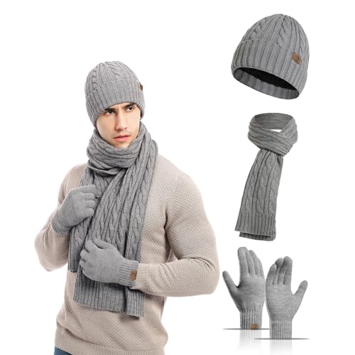 MARUKO Mütze Schal Handschuhe Set Herren Winter Warm Beanie Mütze Lange Schal und Touchscreen Handschuhe Set mit Fleece Gefüttert Strickmütze rutschfeste Winterhandschuhe Schlauchschal Set (Hanfgrau) von MARUKO