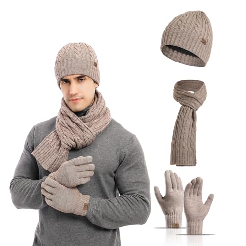 MARUKO Mütze Schal Handschuhe Set Herren Winter Warm Beanie Mütze Lange Schal und Touchscreen Handschuhe Set mit Fleece Gefüttert Strickmütze rutschfeste Winterhandschuhe Schlauchschal Set (Khaki) von MARUKO