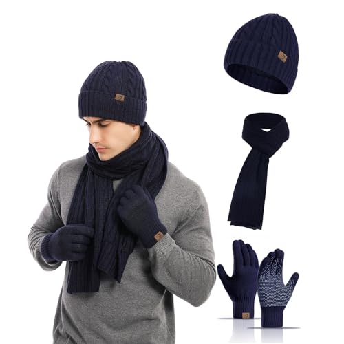 Mütze Schal Handschuhe Set Herren Winter Warm Beanie Mütze Lange Schal und Touchscreen Handschuhe Set mit Fleece Gefüttert Strickmütze rutschfeste Winterhandschuhe Schlauchschal Set (Marineblau) von MARUKO