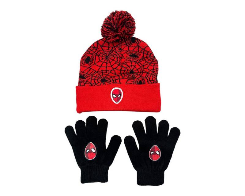 MARVEL Bommelmütze Spiderman Kinder Winter Set Mütze plus Handschuhe Kindermütze Gr. 52 bis 54 von MARVEL