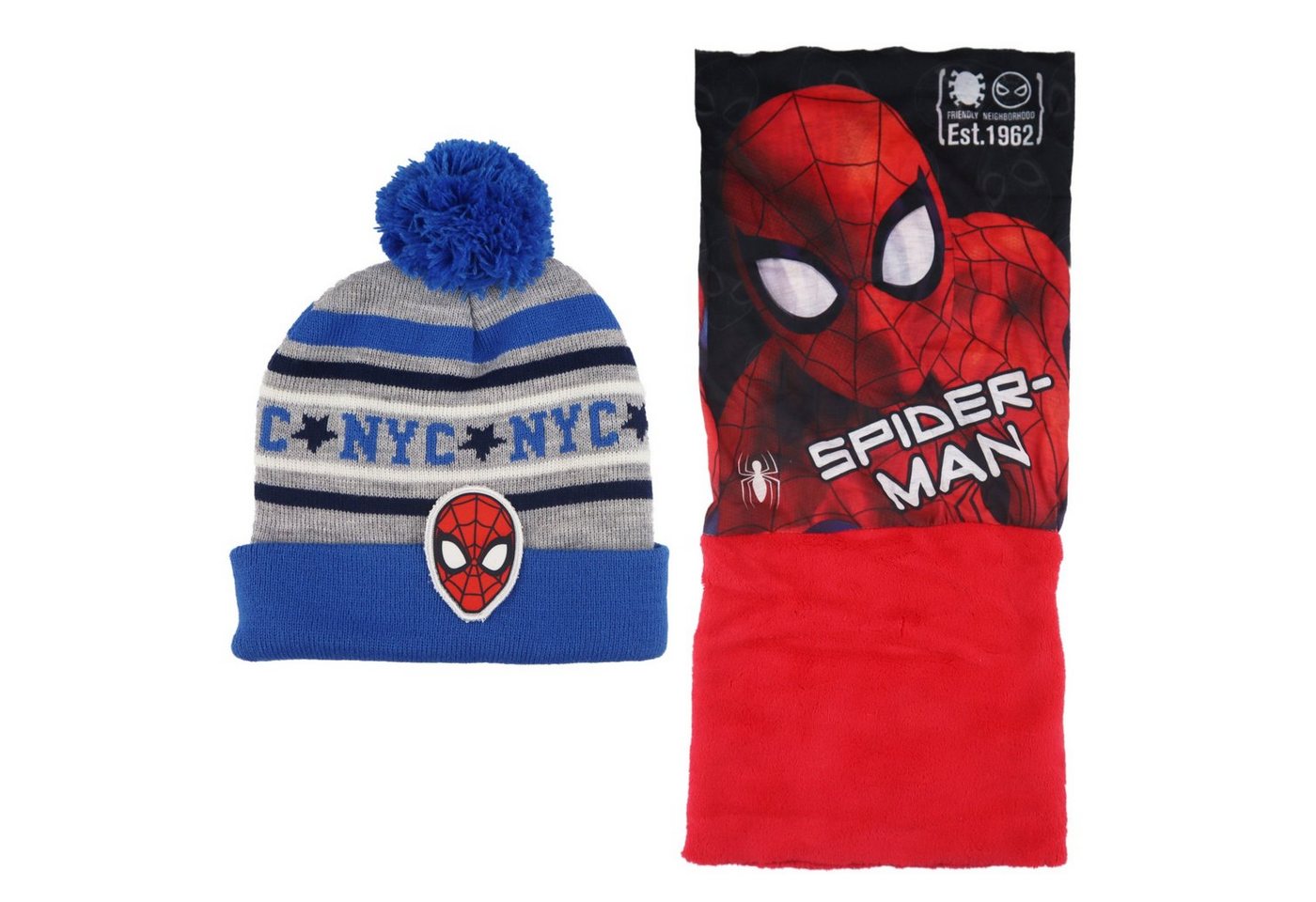 MARVEL Bommelmütze Spiderman Kinder Winter Set Mütze plus Snood Gr. 52 oder 56, Rot oder Schwarz von MARVEL