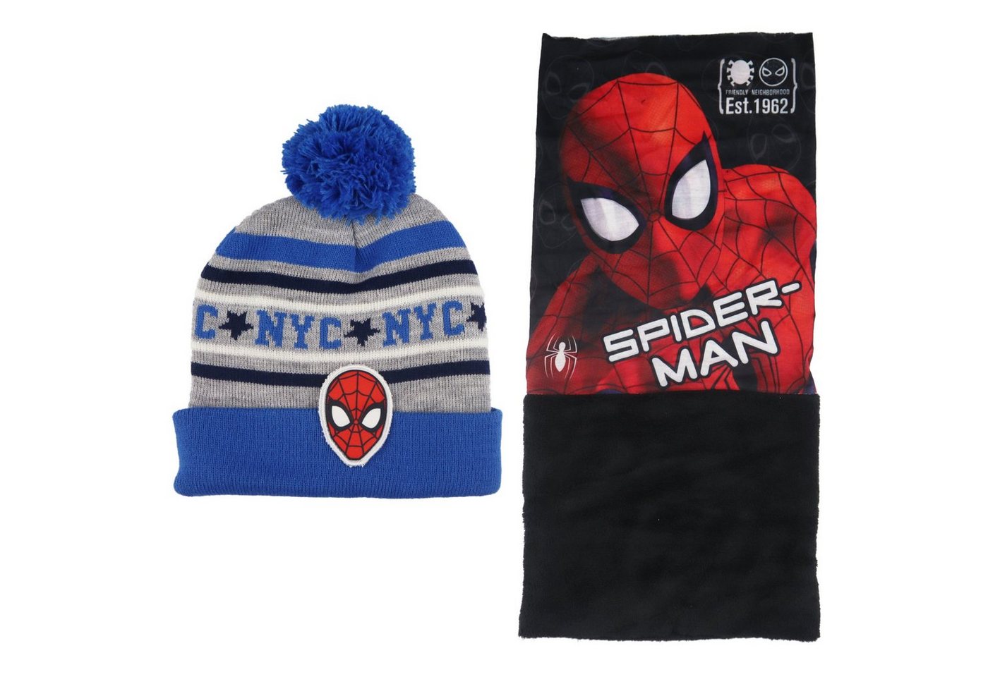 MARVEL Bommelmütze Spiderman Kinder Winter Set Mütze plus Snood Gr. 52 oder 56, Rot oder Schwarz von MARVEL