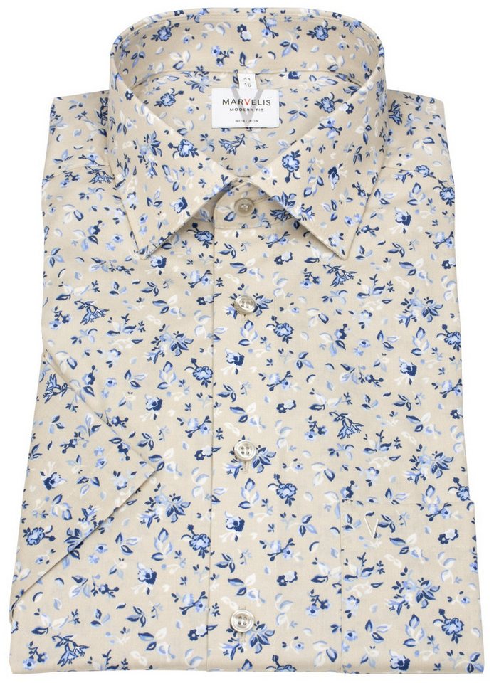 MARVELIS Kurzarmhemd Modern Fit leicht tailliert bügelfrei Kentkragen von MARVELIS